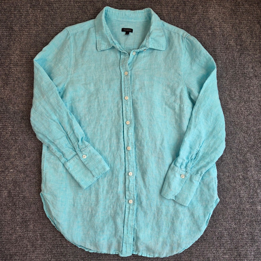 Talbots Womens Large Turquoise Blue 100% Linen Button Down Shirt Long Sleeve